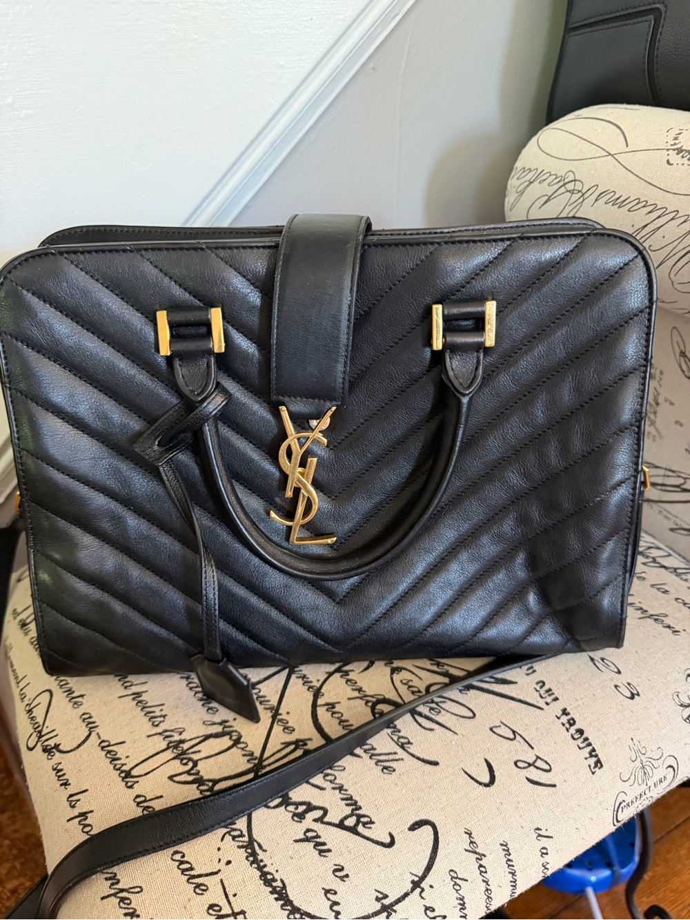 Saint Laurent Black Chevron Quilted Leather Satchel with Gold YSL Hardware